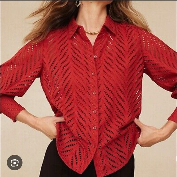 Chico's Womem's Rustic Red Bohemian Poplin Cutwork Button-Up Shirt. Size 3/XL - Picture 3 of 12